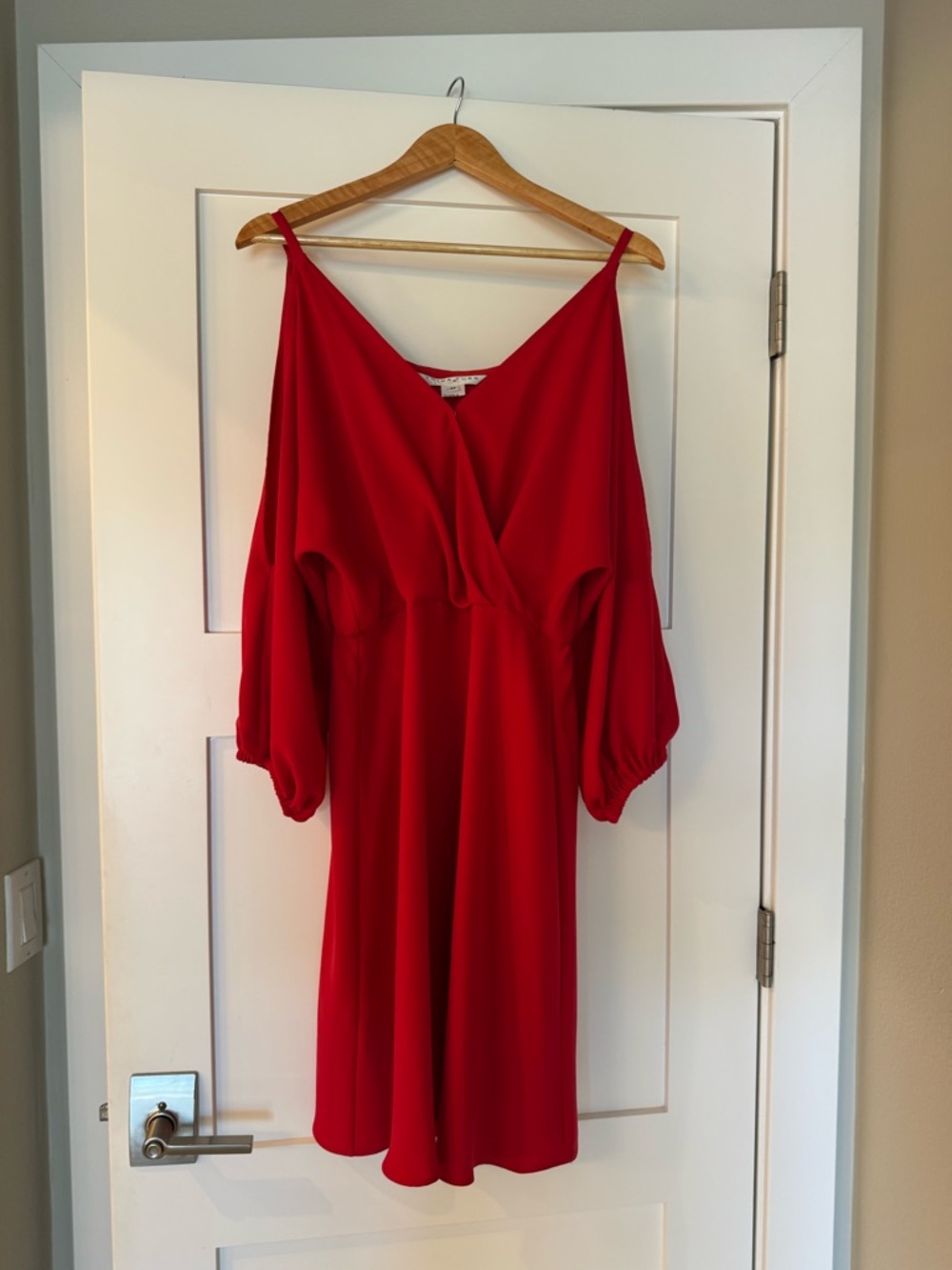 Ruby Red Trina Turk V-Neck Dress with Balloon Sleeves and Cut Out Shoulders